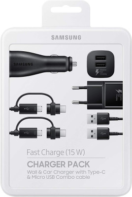 Зарядни Зарядни за кола Оригинален комплект Samsung Power Pack EP-U3100WBEGWW със зарядно Samsung EP-TA20EWE Fast Charging 220 V 2А + зарядно за кола EP-LN920 + 2 кабела Type C и micro USB EP-DG930  черни